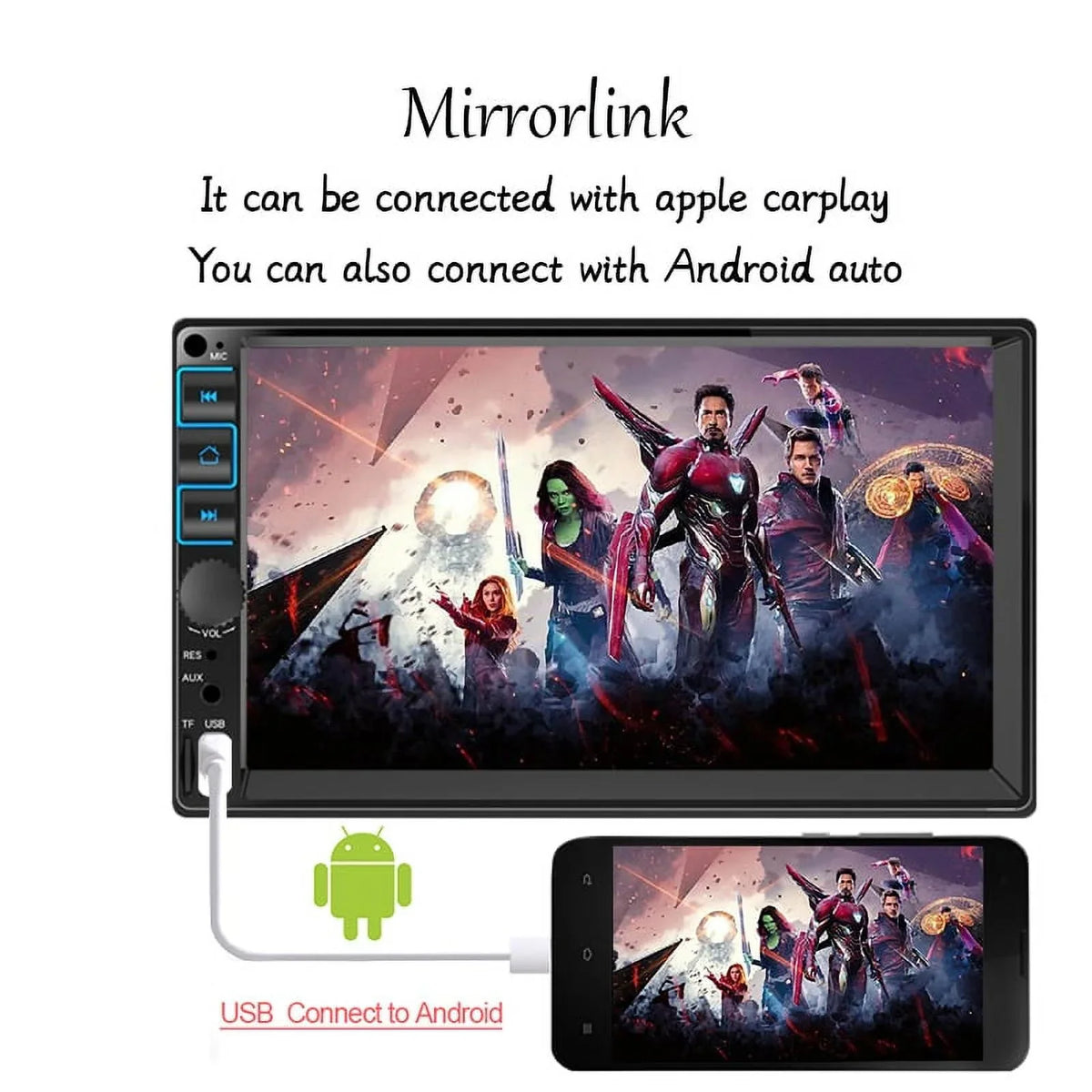 Car Radio 7'' 2 Din Stereo Receiver Bluetooth, Microphone, Mirror Link, Display, , Touch Screen Support Apple Carplay , Android Auto
