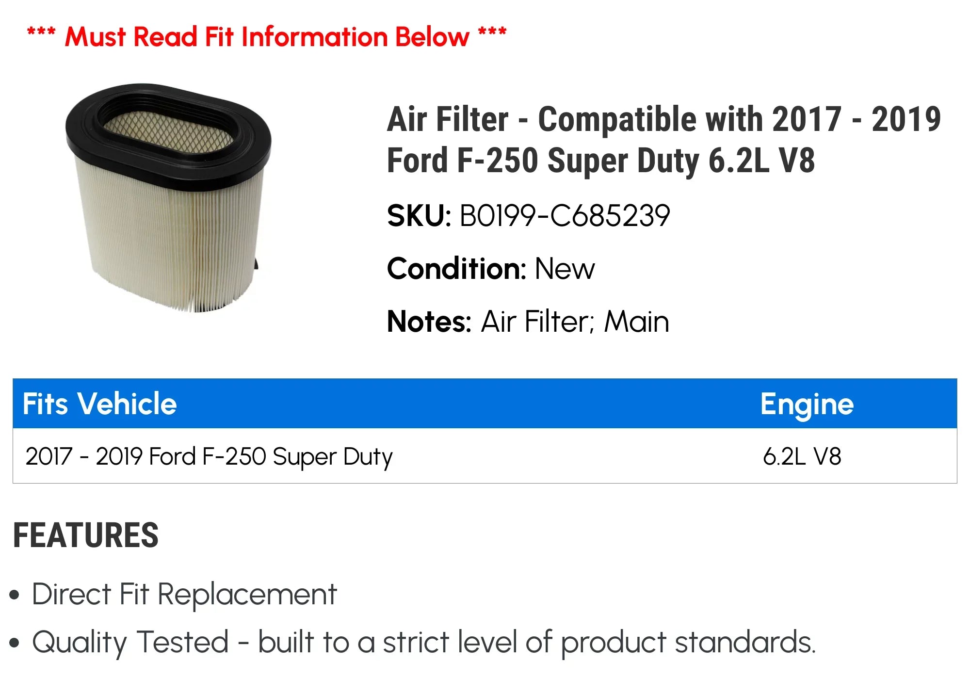 Air Filter - Compatible with 2017 - 2019 Ford -250 Super Duty 6.2L  2018