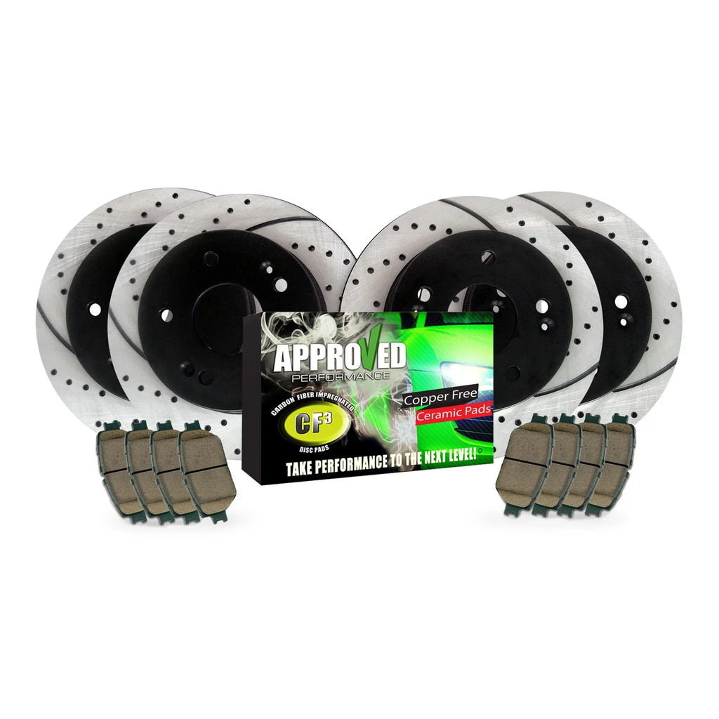 Approved Performance  Front & Rear Drilled & Slotted, Black Powder Coated Disc Brake Rotor & Pad Kit Fits 200, Compass, Patriot, Lancer, Caliber, Avenger, : With 302  (11.89") Rear Rotors