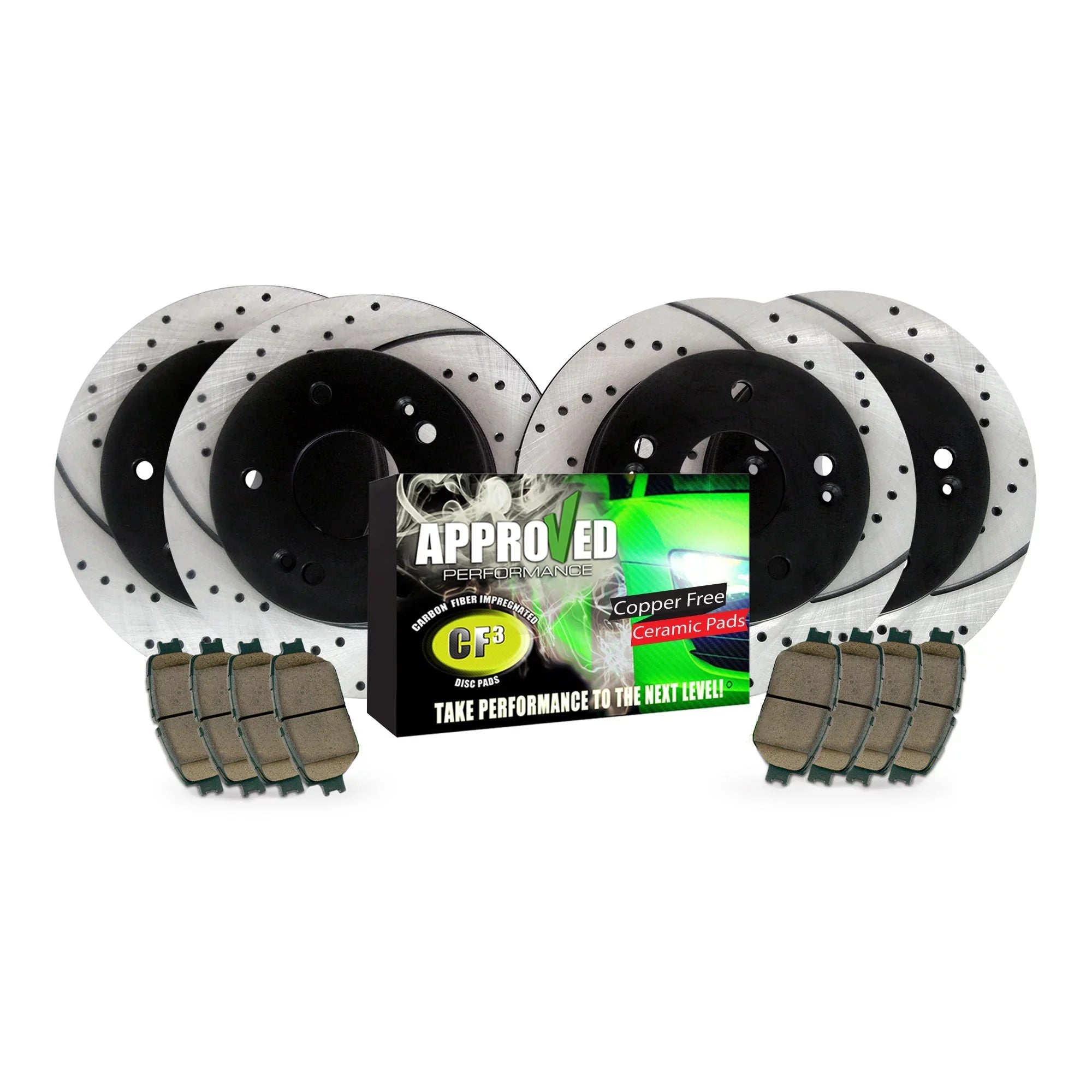 Approved Performance  Front & Rear Drilled & Slotted, Black Powder Coated Disc Brake Rotor & Pad Kit Fits 200, Compass, Patriot, Lancer, Caliber, Avenger, : With 302  (11.89") Rear Rotors