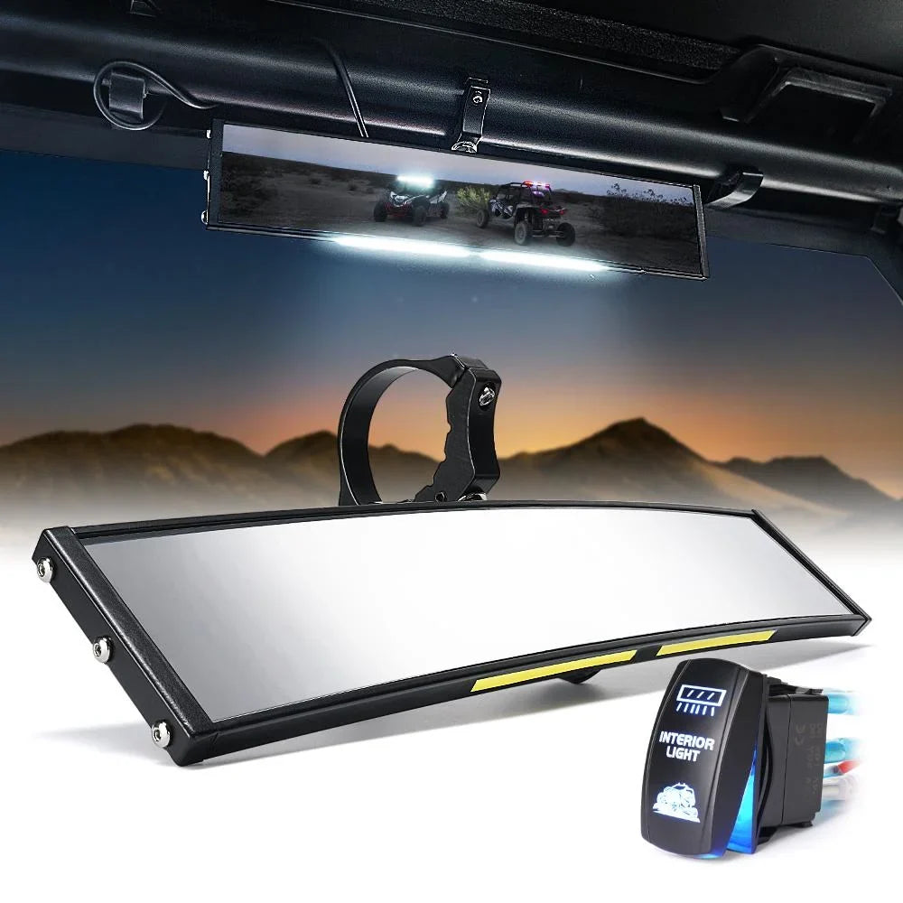 Xprite 13" Curved  Rear View Mirror w/ Integrated  Lights & Switch for 1.75"-2" Rollbars