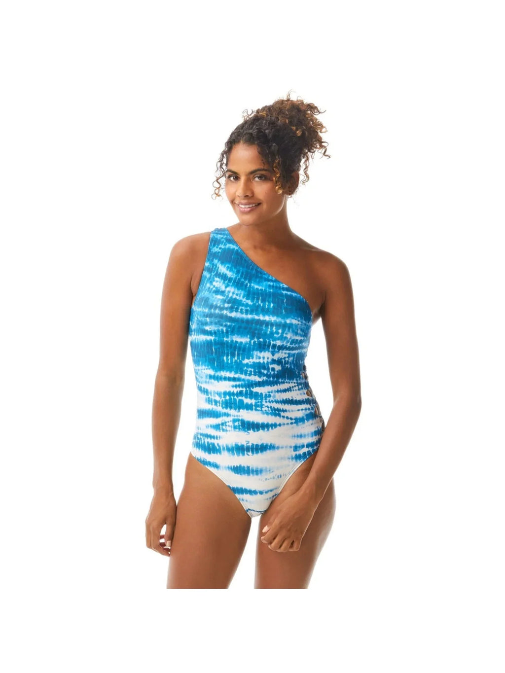 Women's Blue Tie Dye Stretch Lined Strappy-Side Moderate Coverage Cutout One Shoulder One Piece Swimsuit 10