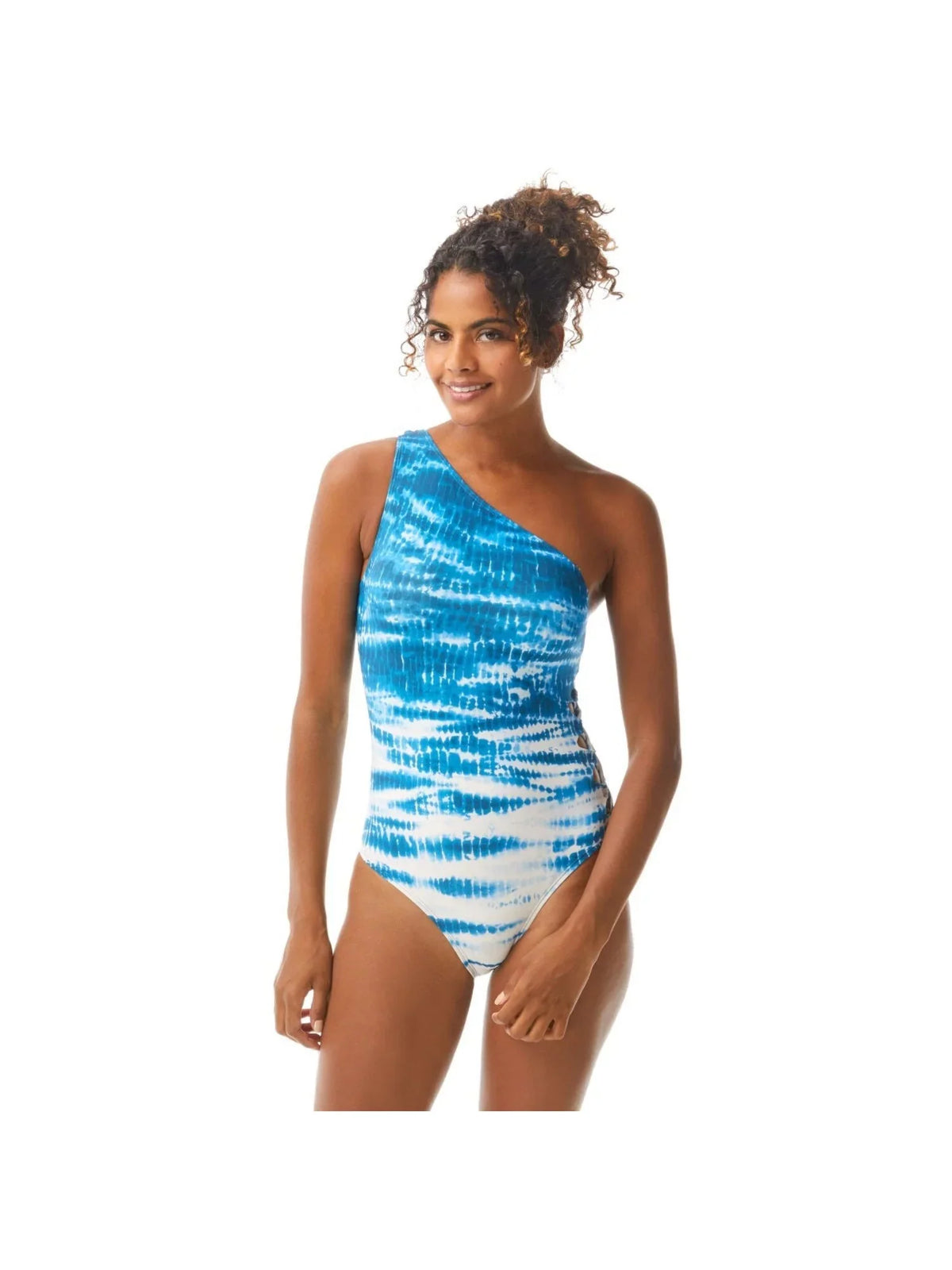 Women's Blue Tie Dye Stretch Lined Strappy-Side Moderate Coverage Cutout One Shoulder One Piece Swimsuit 10