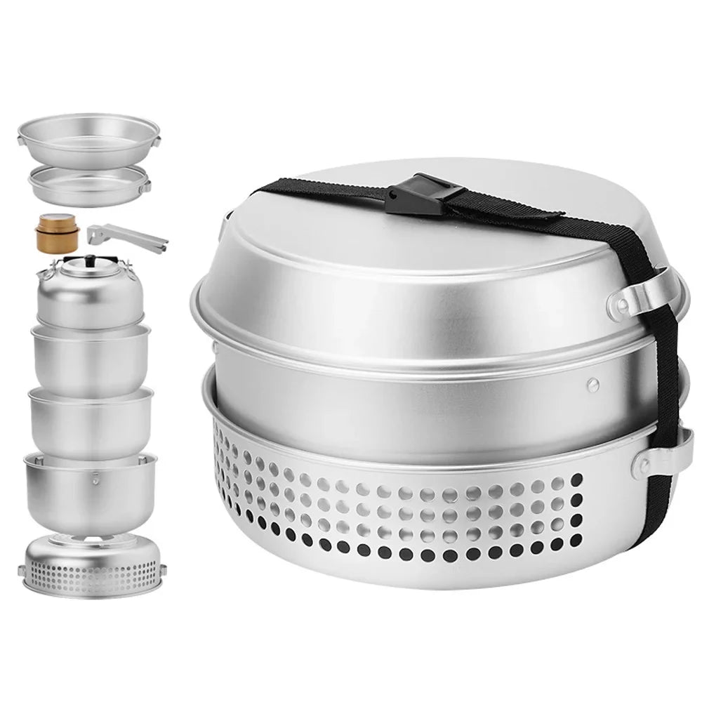 Htovila Camping Stove Kit, 10pcs Camping Pot Pan Stove Set for Cooking Backpacking, Portable Kitchenware for  Adventures