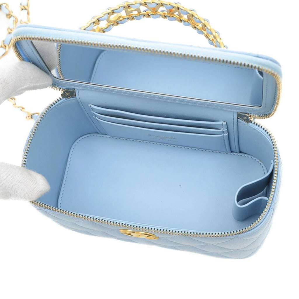 Pre-Owned Chanel Logo Handle Vanity Shoulder Bag Caviar Skin Blue Gold Hardware  (Good)