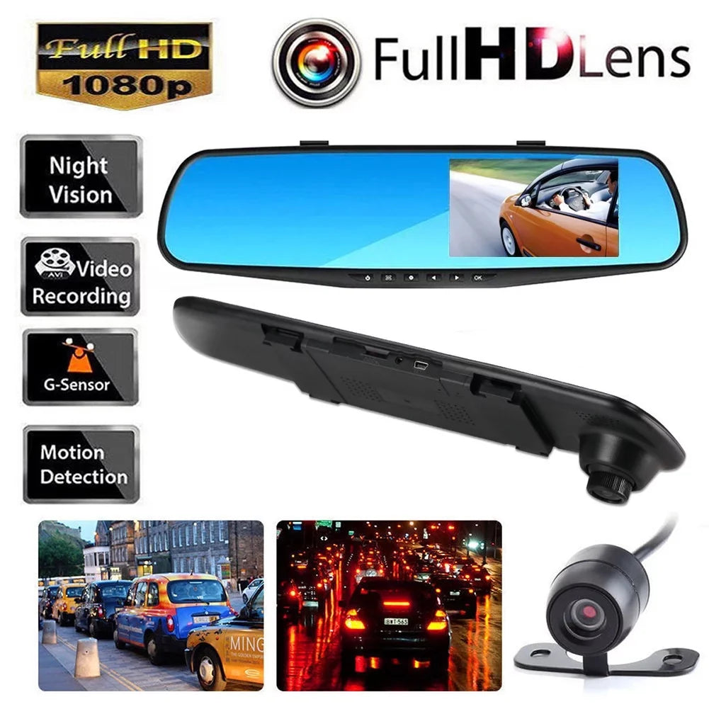 12V 1080P  4.3"  Display Ultra Wide Angle Front Rear Camera dual recording Driving recorder on Rear view Mirror