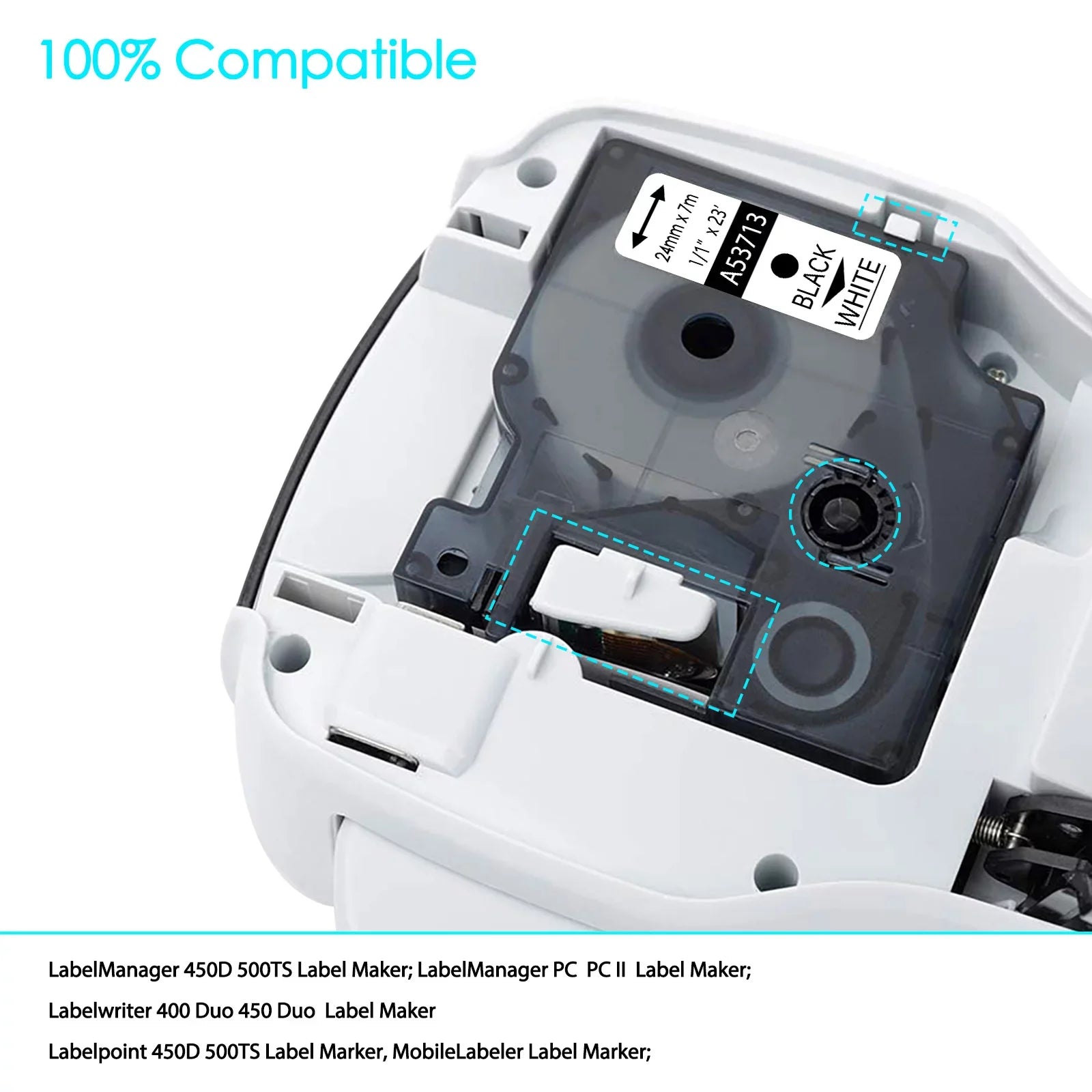 10PK Compatible for   Label Tape 53713  24mm 7m Black on White for LabelManager 450 450D Label Maker