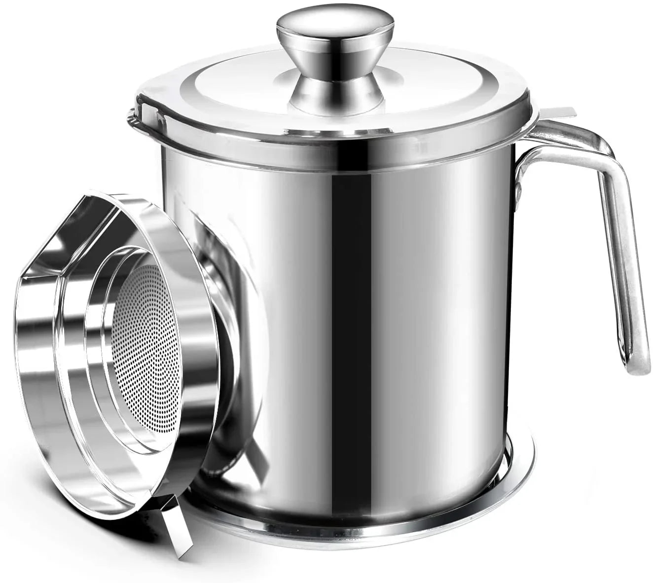 Oil Strainer Pot Grease Can 2L / 67.6 fl oz,Food Strainer Stainless Steel Oil Storage Container,with Fine Mesh Strainer Dust-proof Lid Non-slip Tray,for Storing Frying Oil & Cooking Grease
